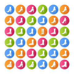 Women shoes flat design long shadow glyph icons set. Female fashion, summer and autumn trendy footwear. Stiletto high heels, sandals, pumps. Winter and fall boots. Isolated vector illustrations