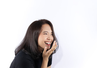 Short haired girl Wearing a black T-shirt Laughing joyfully on the White Blackground