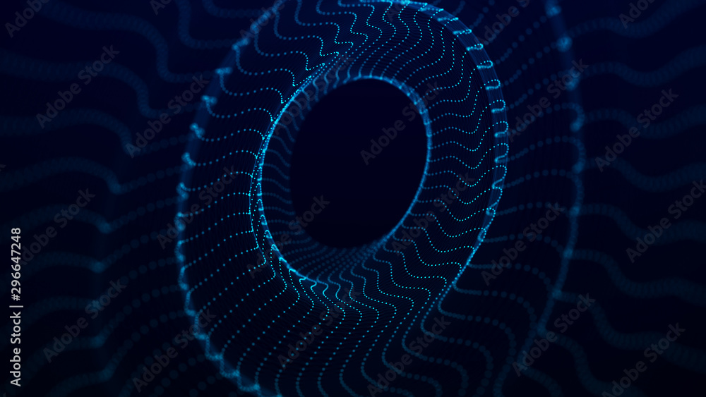 Poster Abstract digital wormhole. Sci-fi tunnel or portal. Futuristic space travel concept. Wireframe 3d surface. 3d rendering.