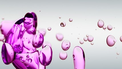 transparent purple,  pink, violet oil bubbles and fluid shapes in purified water on a white gradient background. Side angle with crystal colored bubbles in purified water cosmetic backdrop with copy s