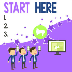 Conceptual hand writing showing Start Here. Concept meaning telling someone this is beginning point to go from to destination SMS Email Marketing Media Audience Attraction PC Loudspeaker
