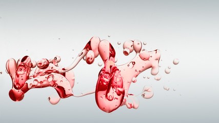 transparent red oil bubbles and fluid shapes in purified water on a white gradient background. Side...