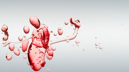 transparent red oil bubbles and fluid shapes in purified water on a white gradient background. Side...