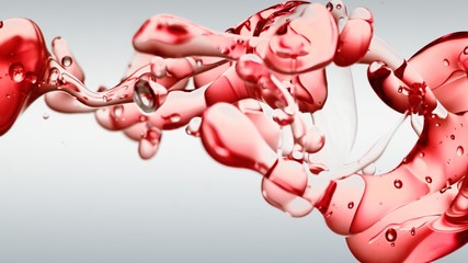 transparent red oil bubbles and fluid shapes in purified water on a white gradient background. Side...
