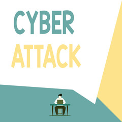 Handwriting text Cyber Attack. Conceptual photo attempt by hackers to damage or destroy a computer network View young man sitting chair desk working open laptop geometric background