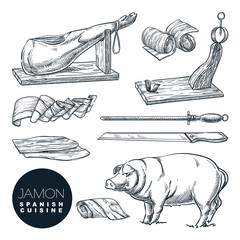 Delicious iberian pork jamon leg and cutting tools. Sketch vector illustration of Spanish gourmet cuisine - obrazy, fototapety, plakaty