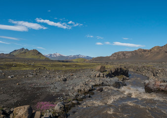 Fototapeta premium Icelandic landscape with canyon of Innri-Emstrura river and view on Tindfjallajokull glacier mountains and green hills. Fjallabak Nature Reserve, Iceland. Summer blue sky