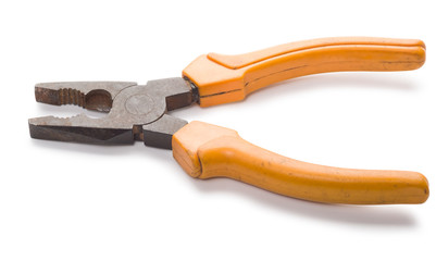 Used yellow plier placed on white background with clipping path.