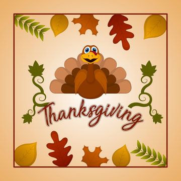 Happy thanksgiving day card with a turkety and leaves - Vector