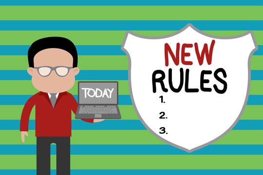 Conceptual hand writing showing New Rules. Concept meaning A state of changing an iplemented policy for better upgrade Man in suit wearing eyeglasses holding open laptop photo Art