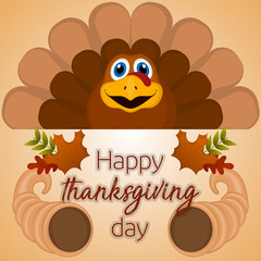 Happy thanksgiving day card with a turkey, cornucopia and leaves - Vector