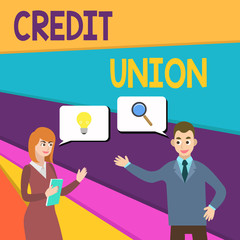 Text sign showing Credit Union. Business photo showcasing cooperative association that makes small loans to members Business Partners Colleagues Jointly Seeking Problem Solution Generate Idea