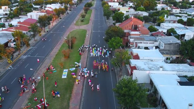 Carnival, Parade (Colonia del Sacramento, Uruguay) aerial view, drone footage