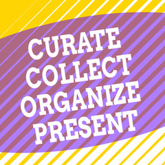 Conceptual hand writing showing Curate Collect Organize Present. Concept meaning Pulling out Organization Curation Presenting Square rectangle paper sheet load with full of pattern theme