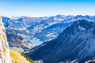 Fototapeta na wymiar Panoramic view of Swiss Alps from top of Rochers-de-Naye, near Montreux, Canton of Vaud, Switzerland.