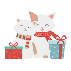 cute couple cat with gifts celebration merry christmas