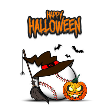 Baseball ball with witch hat and happy Hallowen