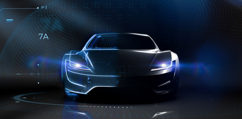 Futuristic car technology concept with wireframe intersection (3D illustration)