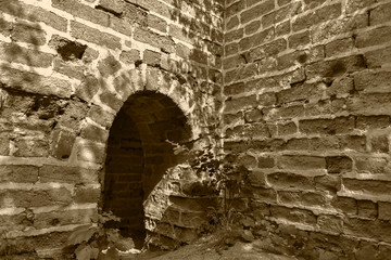 A close-up view of watchtower watchtower on the Great Wall, an ancient Chinese building, in...