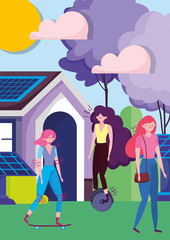 women riding monocycle and skateboarding walking house solar panel transport ecology