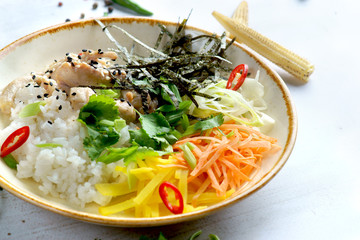 poke with chicken on a light background