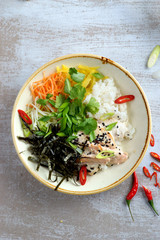 poke with chicken on a light background