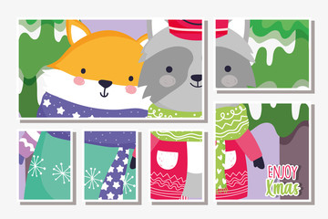 cute fox and raccoon warmn sweater tree snow merry christmas cards