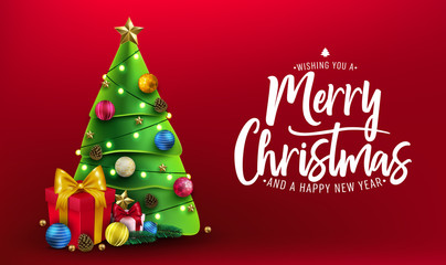 Christmas Banner. Xmas Decorative Design with Christmas Tree, Gifts, Balls, Star, Pine Cone and Lights in Red Background Greeting Card with Merry Christmas Typography Lettering Message