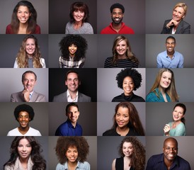 Group of 19 different people in front of a colored background