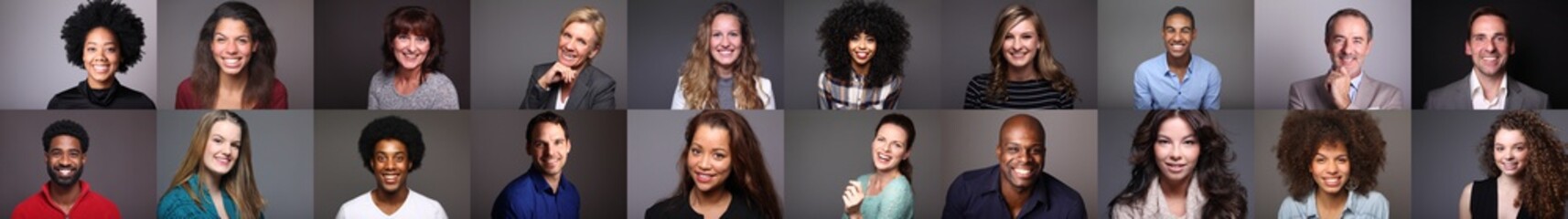 Group of 19 different people in front of a colored background