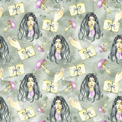 Seamless pattern with magic things. Witch's background. Halloween mistical design.