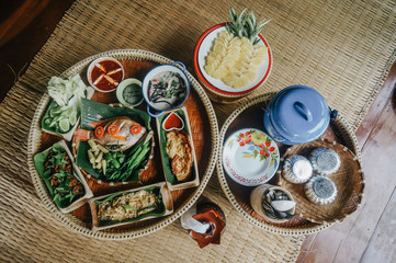 Set of local food at Na Ton Chan homestay, Si Satchanalai district, Sukhothai Province ,Thailand.on...