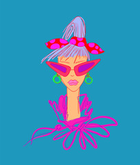 fashionable girl in stylish sunglasses. Trend fashion color. contour vector illustration