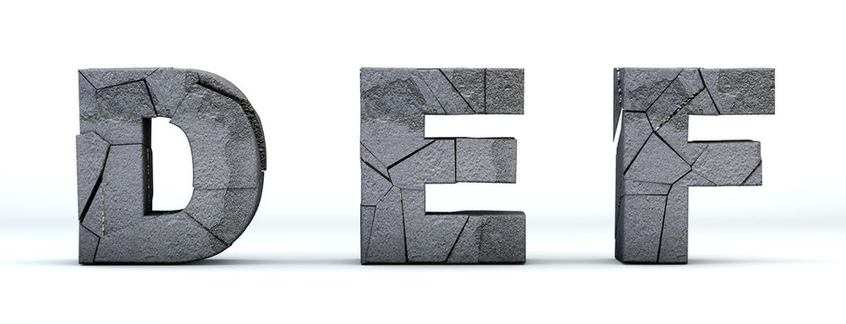  Font broken. Letters D, E, F, cracked 3d render. Isolated on white background. Path save.