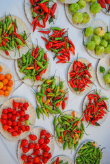 Different types of chiles in piles for sale in the agricultural market.