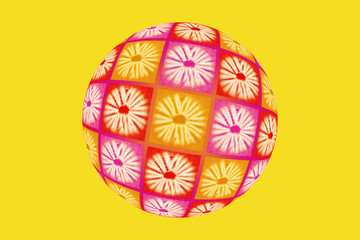 Multicolored globe of African fabrics, yellow background
