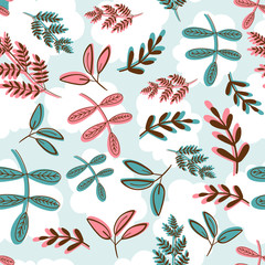 Seamless pattern of a variety of blue, teal and coral red branches, leaves and sprigs on a light blue background with cloud silhouettes. Perfect for wrapping paper, textile, fabric and backdrops
