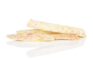 Group of five whole dry vegetable chip of taro isolated on white background