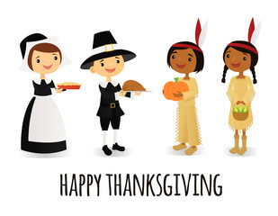 Thanksgiving pilgrims and native Americans - obrazy, fototapety, plakaty