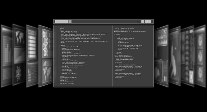Hologram screen displaying HTML codes in black background overlay. 