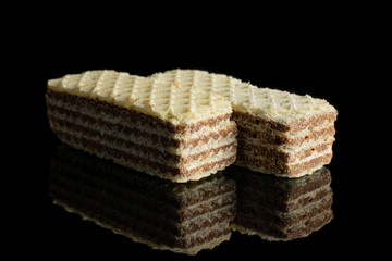 Group of two whole crispy beige hazelnut wafer cookie isolated on black glass