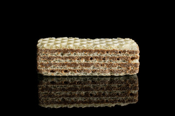 One whole crispy beige hazelnut wafer cookie isolated on black glass