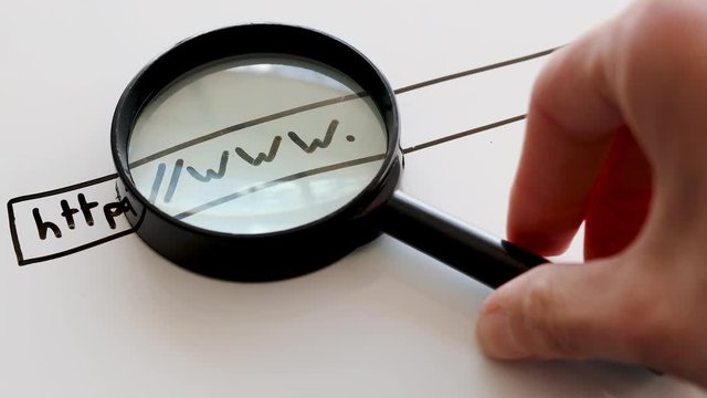 online safety, hand with magnifying glass analysing URL bar with www