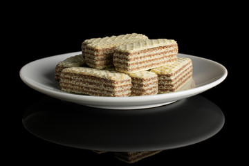 Lot of whole crispy beige hazelnut wafer cookie on white ceramic plate isolated on black glass