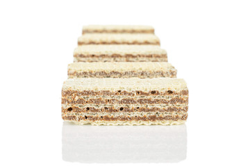 Group of five whole crispy beige hazelnut wafer cookie isolated on white background