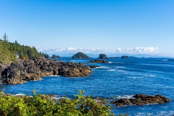 Rocky outcroppings and pop up rock islands at Wild Pacific Trail in Ucluelet, British Columbia, Canada - beautiful splendor of the Pacific Ocean near Tofino 