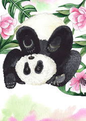 Watercolor pre-made card with pandas and tropical flowers, palm leaves, green bamboo  © Анна Егорова