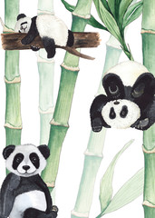 Watercolor pre-made card with pandas and tropical flowers, palm leaves, green bamboo  © Анна Егорова