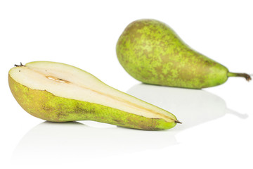 Group of one whole one half of fresh green pear isolated on white background