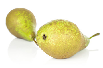 Group of two whole fresh green pear front focus isolated on white background